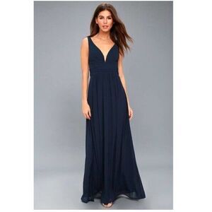 Lulu’s Ruched A-Line Chiffon Pleated Navy Blue Gown /Maxi dress size L